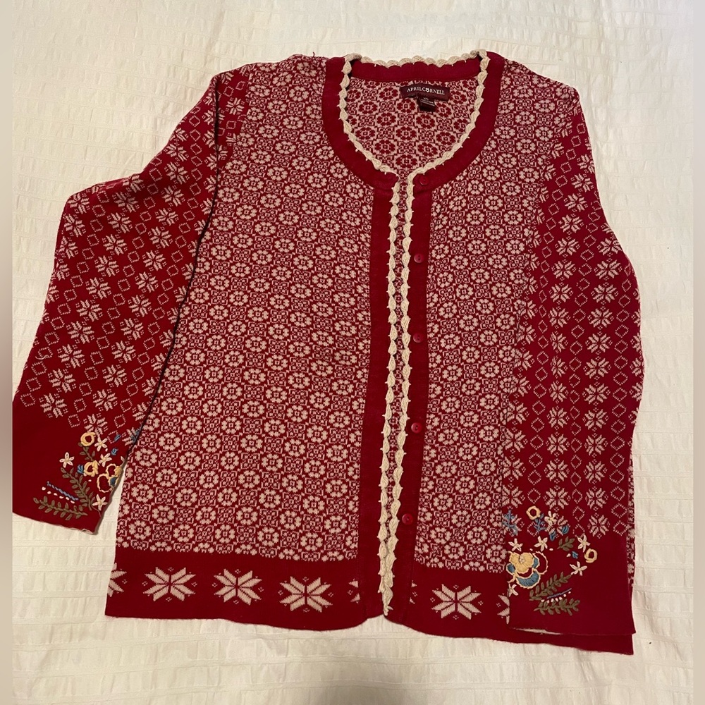 April Cornell Red and Cream Patterned Sweater